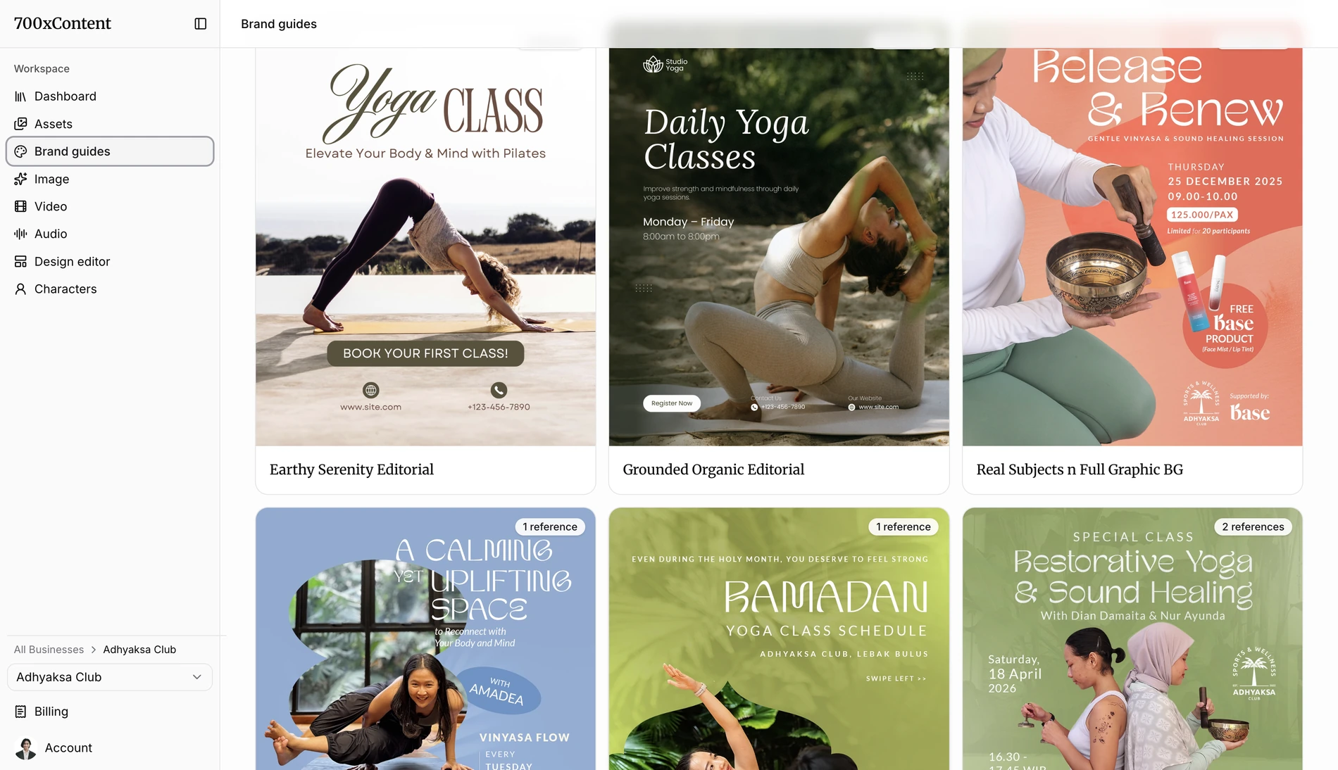 700xContent brand guides with yoga, wellness, and campaign creative designs